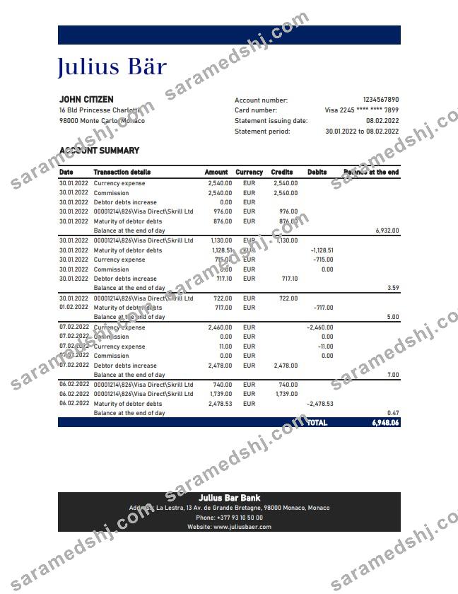 Monaco Julius Bar bank statement xls